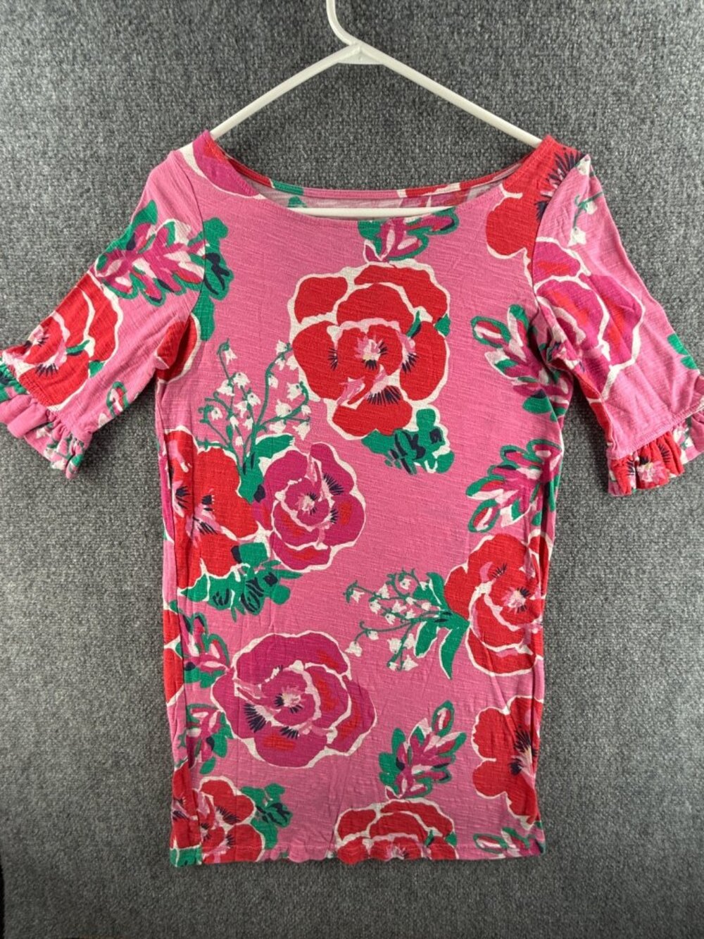 Lilly Pulitzer Pink Green Floral Dress Top Boat Neck Short Sleeve Cotton Small